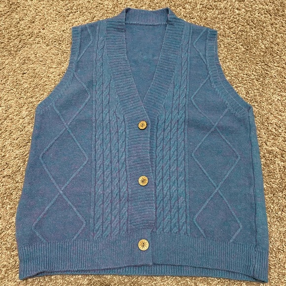 Korean Vintage V-Neck Knitted Sweater Vest - Blue - Picture 8 of 10